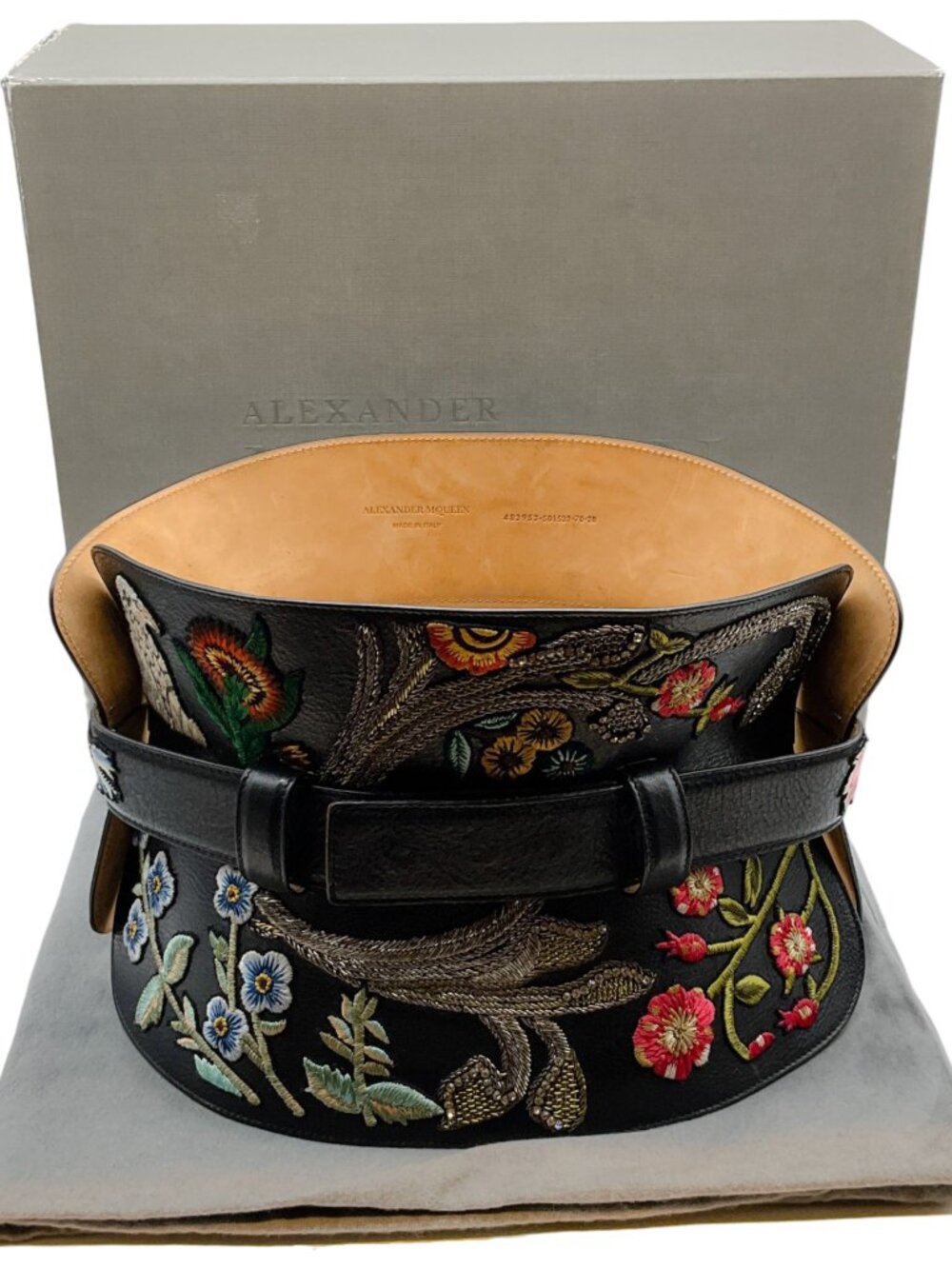 Alexander McQueen Black Leather Structured Corset Belt with Embroidery